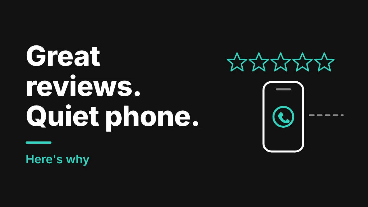 Dark graphic with five stars and a phone icon asking why a cleaning company with great reviews gets no calls
