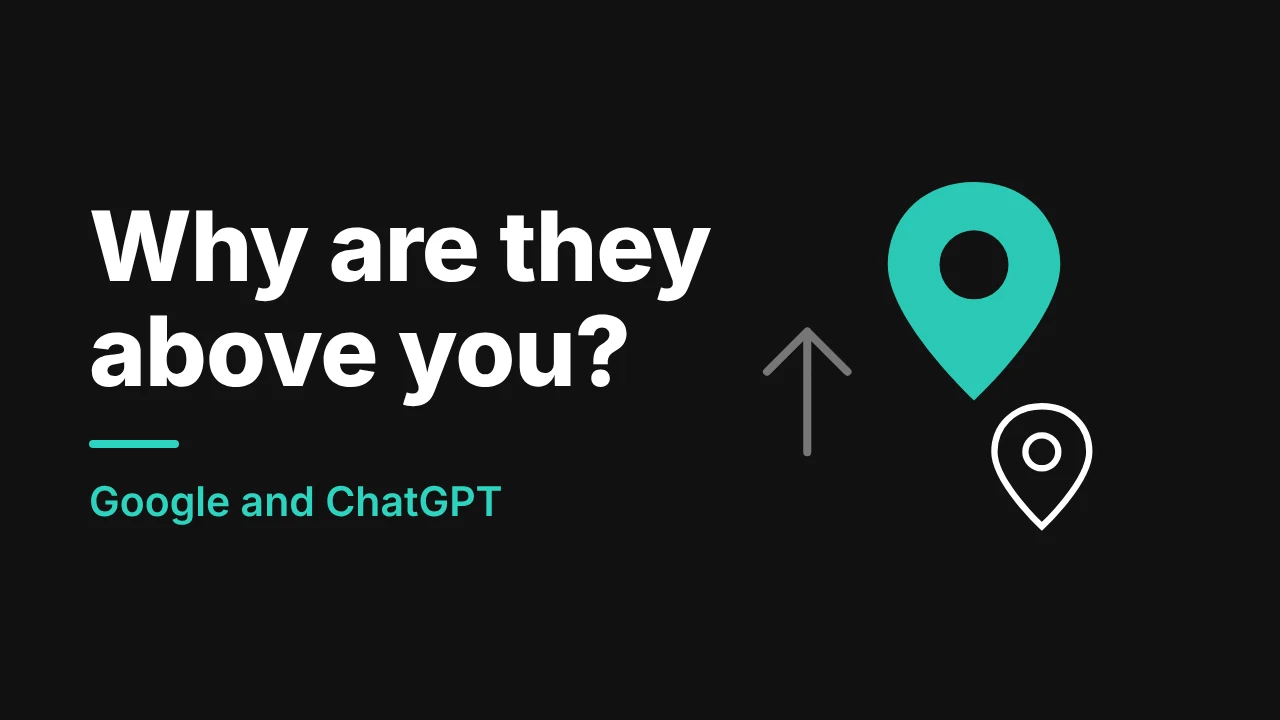 Dark graphic with two map pins asking why a competitor ranks above a cleaning company on Google and ChatGPT