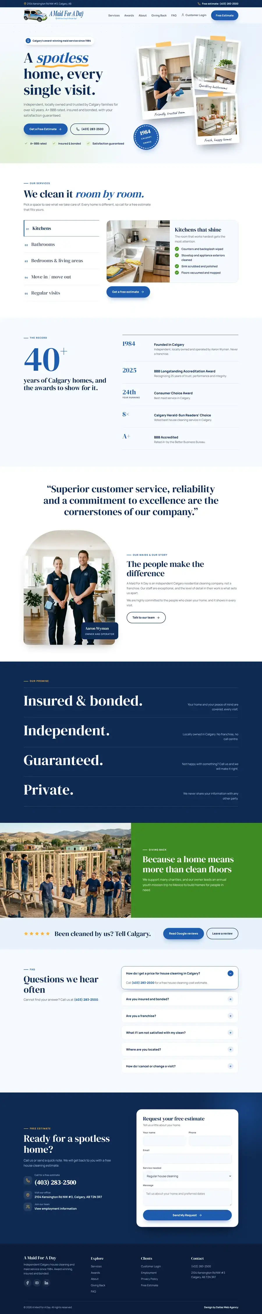 Cleaning company website design Calgary: homepage design for A Maid For A Day