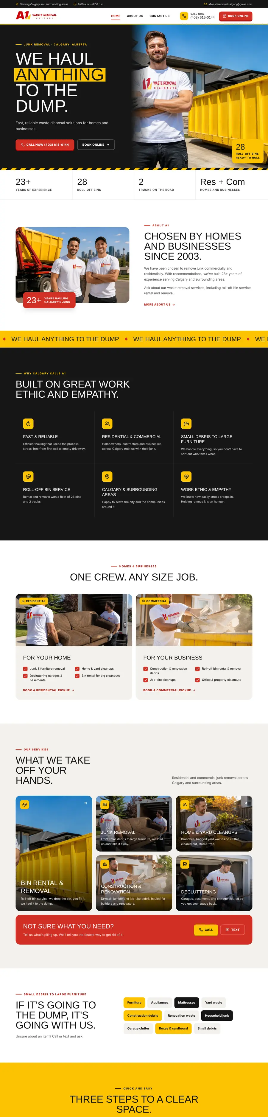 Cleaning company website design Calgary: homepage design for A1 Waste Removal