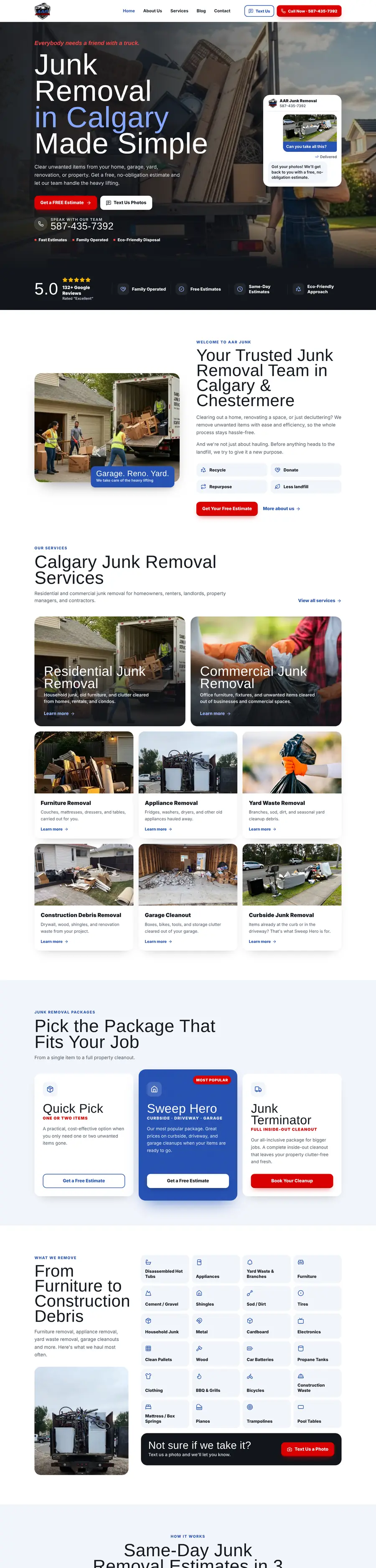 Cleaning company website design Calgary: homepage design for AAR Junk Removal