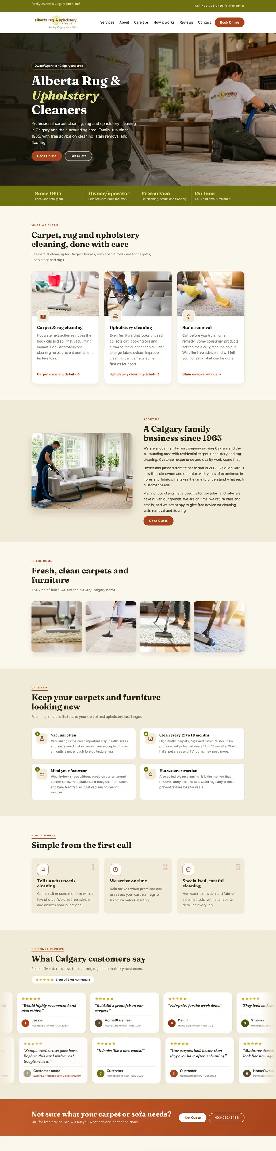 Cleaning company website design Calgary: homepage design for Alberta Rug and Upholstery Cleaners