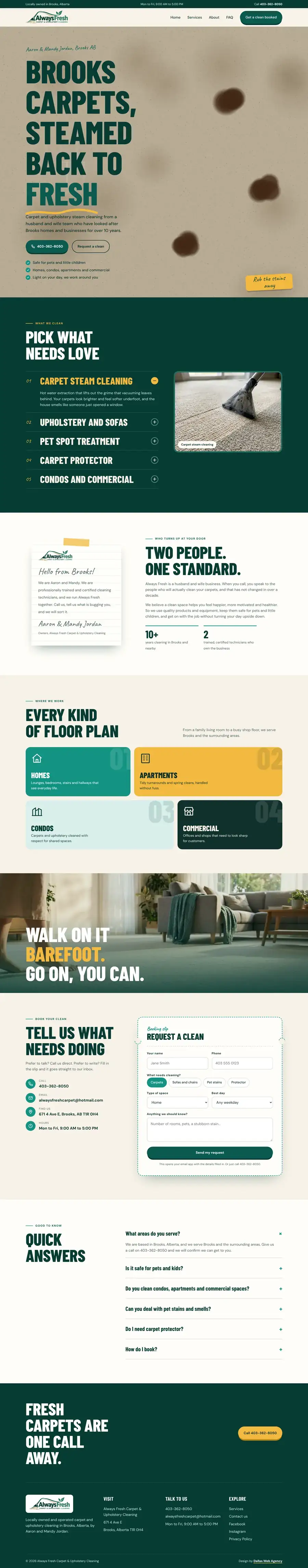Cleaning company website design Calgary: homepage design for Always Fresh Carpet and Upholstery Cleaning