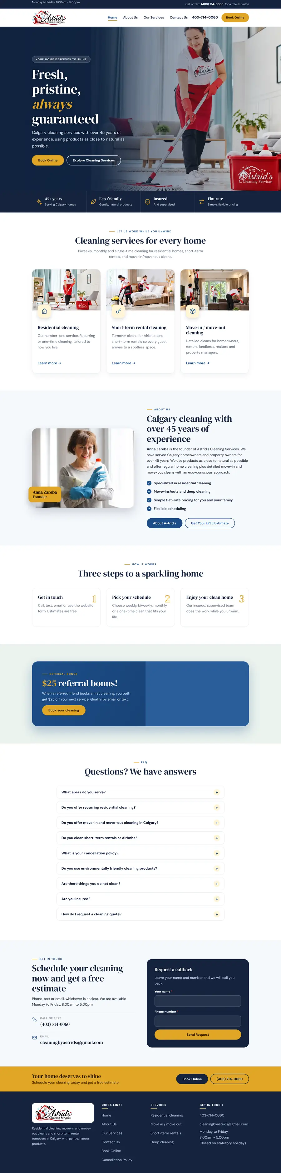 Cleaning company website design Calgary: homepage design for Astrid's Cleaning Services