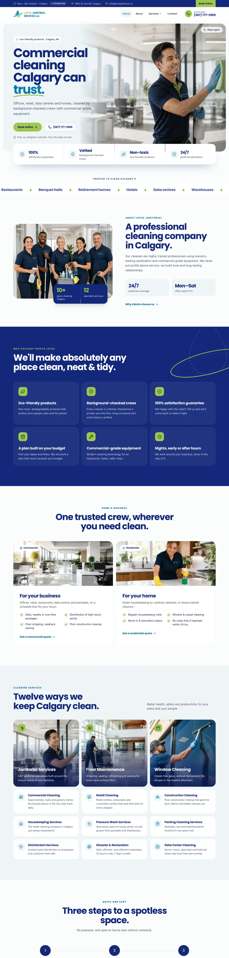 Cleaning company website design Calgary: homepage design for Lotus Janitorial