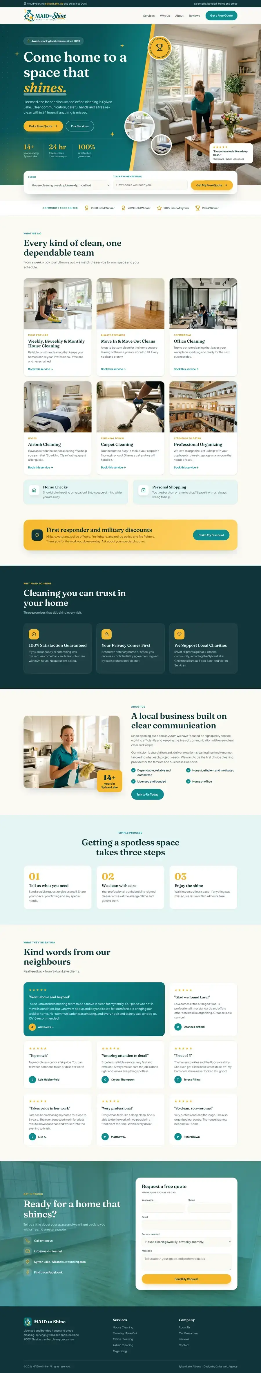 Cleaning company website design Calgary: homepage design for MAID to Shine