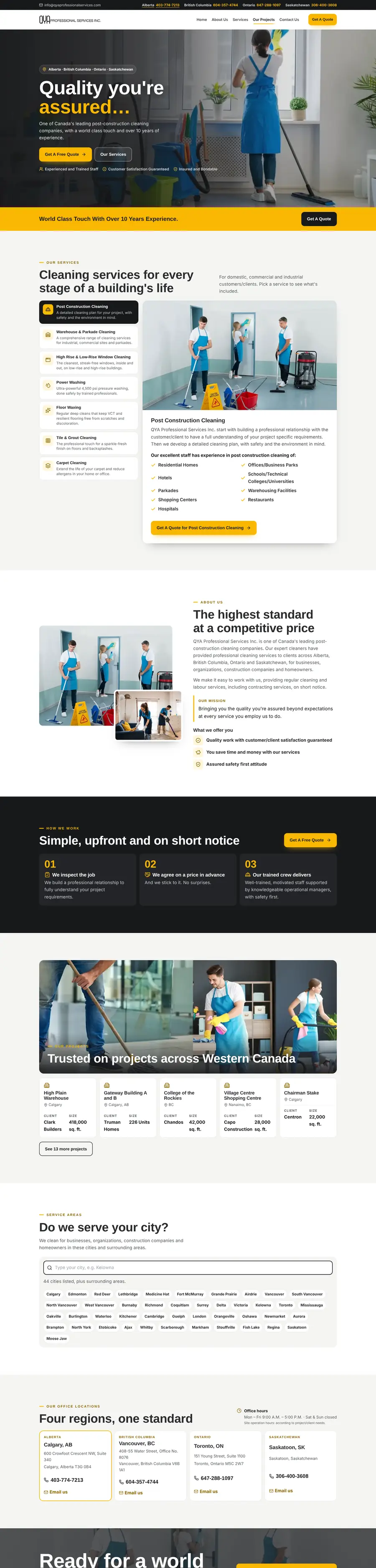 Cleaning company website design Calgary: homepage design for QYA Professional Services